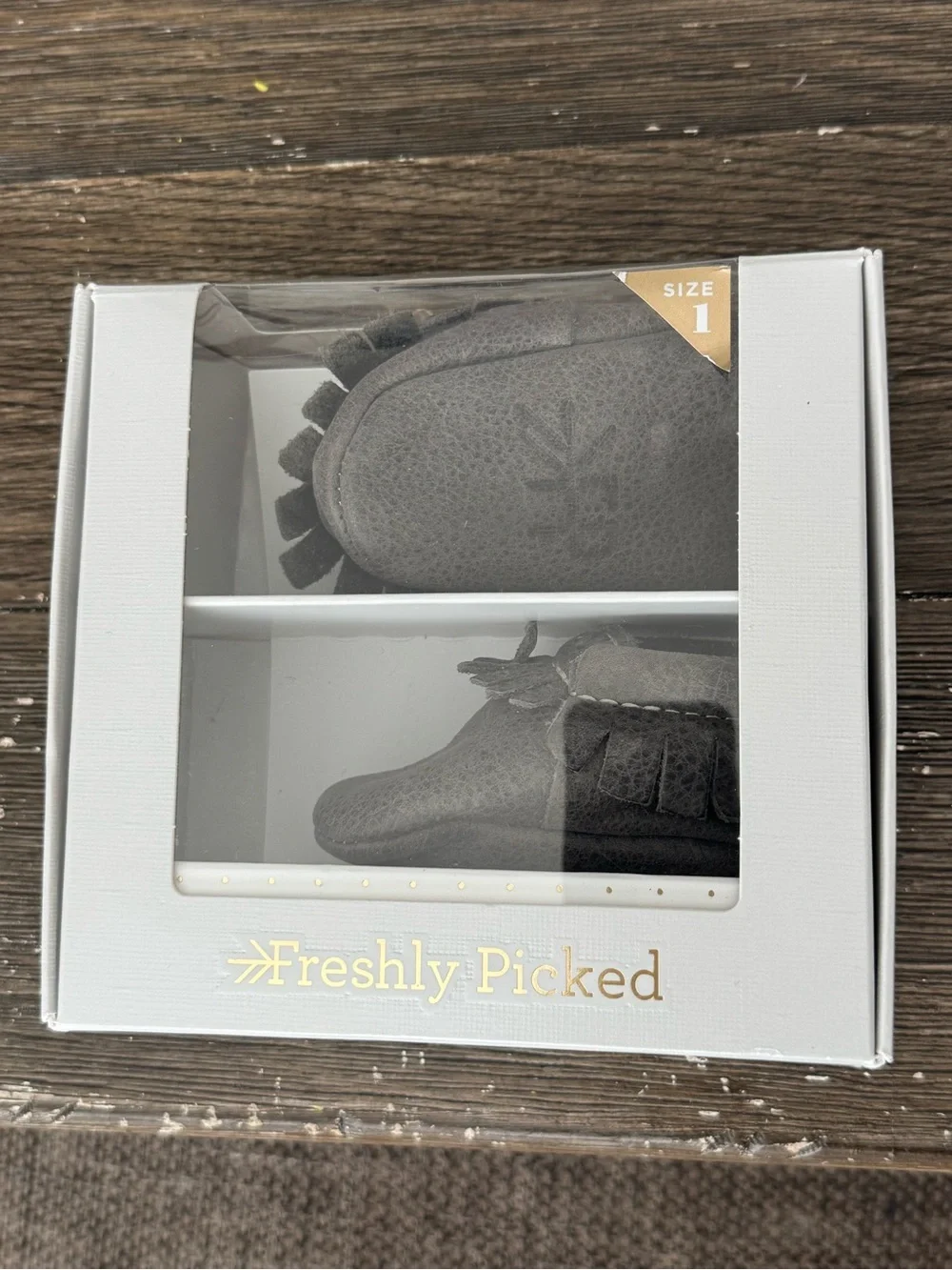Freshly Picked Gray Suede Baby Moccasins with Fringe